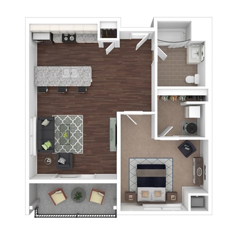 A top-down view of a living room with a couch, a fireplace, and a television. at The Lumos Apartments, Cleveland, Ohio